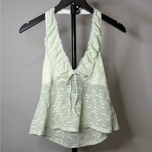 Light Green Lace-Trim Halter Tank Top